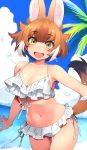  1girl :d animal_ear_fluff animal_ears bangs bare_shoulders beach bikini breasts brown_hair cloud collarbone commentary dated day dhole_(kemono_friends) dog_ears dutch_angle extra_ears eyebrows_visible_through_hair fang frilled_bikini frills front-tie_bikini front-tie_top happa_(cloverppd) highres kemono_friends large_breasts looking_at_viewer multicolored_hair navel open_mouth outdoors palm_tree short_hair side-tie_bikini signature smile solo swimsuit tail thigh_gap tree two-tone_hair white_bikini white_hair yellow_eyes 