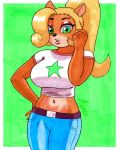  aaron_hibiki activision anthro bandicoot big_breasts blonde_hair breasts clothed clothing coco_bandicoot crash_bandicoot_(series) female fur hair lipstick long_hair looking_at_viewer makeup mammal marsupial multicolored_body multicolored_fur orange_body simple_background solo tight_clothing video_games 