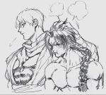  2boys bandaged_arm bandages blush closed_mouth collarbone eyebrows_visible_through_hair grey_background greyscale highres hikarusorano kayn_(league_of_legends) league_of_legends long_hair looking_away male_focus monochrome multiple_boys muscle ninja petting ponytail pout scarf shirtless simple_background sketch torn torn_clothes upper_body zed_(league_of_legends) 