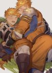  2boys armor ass bangs bara blonde_hair blush feet_out_of_frame granblue_fantasy green_eyes higashigunkan leg_between_thighs looking_at_viewer lying male_focus multiple_boys muscle on_back selfcest short_hair shoulder_armor spaulders spread_legs tearing_up vane_(granblue_fantasy) yaoi 