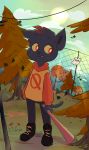  2019 anthro bat_(object) black_body black_fur cloud cometcrumbs day domestic_cat eyebrows fangs felid feline felis female fur grass hi_res highlights_(coloring) leaf mae_borowski mammal night_in_the_woods red_eyes solo sun tree video_games whiskers yellow_sclera 