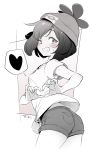  1girl ass beanie blush commentary_request eyelashes floating_hair hat heart heart_hands looking_at_viewer one_eye_closed pokemon pokemon_(game) pokemon_sm selene_(pokemon) shirt short_shorts short_sleeves shorts signature smile solo spoken_heart sweat teeth tied_shirt toku_(ke7416613) 