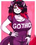 2020 aaron_hibiki anthro big_breasts black_tail breasts clothed clothing curvy_figure domestic_cat eyelashes fangs felid feline felis female fur goth hair hair_over_eye hi_res huge_breasts long_hair makeup mammal multicolored_hair multicolored_tail nikki_(saucy) one_eye_obstructed pupils red_tail slit_pupils solo tight_clothing voluptuous white_body white_fur 