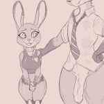  1:1 aloha_shirt anthro balls big_penis blush bottomless bottomless_male canid canine clothed clothing cooliehigh disney duo female fox genitals hand_on_another&#039;s_shoulder hand_on_hip hi_res judy_hopps lagomorph leporid male mammal nick_wilde penis police_officer police_uniform rabbit simple_background smile uniform zootopia 