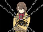  akechi_gorou black_background black_gloves brown_hair chain coat crossed_arms eyebrows_visible_through_hair gloves gyakuten_saiban hair_between_eyes keyhole lock long_sleeves male_focus obo parody persona persona_5 persona_5_the_royal plaid plaid_scarf psyche-lock red_eyes scarf short_hair solo winter_clothes 