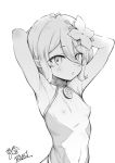  1girl armpits arms_up artist_name covered_navel covered_nipples flat_chest flower greyscale hair_between_eyes hair_flower hair_ornament kokkoro_(princess_connect!) monochrome panbai parted_lips princess_connect! princess_connect!_re:dive short_hair simple_background solo 