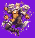  1boy absurdres animal_costume animal_ears bangs bara blonde_hair blush brown_pants bulge candy chest cleavage_cutout clothing_cutout covered_abs food full_body granblue_fantasy green_eyes halloween halloween_costume highres jack-o&#039;-lantern long_shirt male_focus muscle oneirio orange_shirt pants shirt shoes short_hair solo tail thick_thighs thighs vane_(granblue_fantasy) wolf_boy wolf_costume wolf_ears wolf_paws wolf_tail 