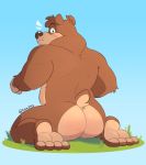  2020 anthro banjo-kazooie banjo_(banjo-kazooie) butt feet hi_res kiba24 looking_at_viewer looking_back male mammal nude overweight overweight_anthro overweight_male rareware rear_view simple_background sitting soles solo surprise ursid video_games wide_eyed 