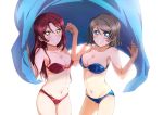  2girls absurdres bangs blue_bra blue_eyes blue_panties bra breasts cleavage collarbone commentary_request green_hair highres long_hair looking_at_viewer love_live! love_live!_sunshine!! medium_breasts multiple_girls panties red_bra red_hair red_panties sakurauchi_riko short_hair sidelocks smile strapless strapless_bra underwear watanabe_you yellow_eyes yuchi_(salmon-1000) 