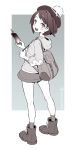  1girl backpack bag blush boots brown_hair commentary_request dress eyebrows_visible_through_hair eyelashes full_body gen_4_pokemon gloria_(pokemon) hat holding holding_strap hooded_cardigan kneepits looking_at_viewer looking_back open_mouth pokemon pokemon_(game) pokemon_swsh rotom rotom_phone short_hair socks solo standing tam_o&#039;_shanter teeth toku_(ke7416613) tongue 