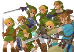  4boys artist_name bangs beige_pants beige_shirt black_eyes blonde_hair blue_shirt boots bow_(weapon) brown_footwear brown_gloves copyright_request earrings fairy fingerless_gloves from_behind from_side gloves green_eyes green_headwear green_shirt hat highres holding holding_bow_(weapon) holding_sword holding_weapon hylian_shield iva_(sena0119) jewelry link long_sleeves looking_at_viewer male_focus master_sword multiple_boys multiple_persona navi pointy_ears sheikah_slate shield shirt short_hair short_ponytail short_sleeves simple_background smile sword the_legend_of_zelda the_legend_of_zelda:_breath_of_the_wild the_legend_of_zelda:_ocarina_of_time the_legend_of_zelda:_the_wind_waker the_legend_of_zelda:_twilight_princess toon_link triforce_print tunic weapon white_background 