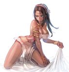  1girl bare_shoulders blue_eyes bow_(bhp) bracelet breasts brown_hair butt_crack circlet cleavage closed_mouth contrapposto dancer dark_skin dark_skinned_female hairband holding jewelry kneeling large_breasts long_hair original pelvic_curtain simple_background smile solo white_background 