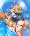  1girl :d ass baerun blonde_hair blue_eyes blue_sky blue_swimsuit blurry bokeh bow_(bhp) cagliostro_(granblue_fantasy) day depth_of_field eyewear_on_head granblue_fantasy heart heart-shaped_eyewear kneepits long_hair looking_at_viewer looking_back ocean one-piece_swimsuit open_mouth outdoors ponytail red-tinted_eyewear skindentation sky smile solo sunglasses swimsuit thigh_strap waves 