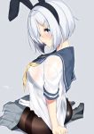  1girl animal_ears ass bangs black_legwear blue_eyes blue_sailor_collar blush breasts bunny_ears fake_animal_ears gloves grey_skirt hair_ornament hair_over_one_eye hairband hairclip hamakaze_(kantai_collection) high_heels highres kantai_collection large_breasts looking_at_viewer nebusoku neckerchief pleated_skirt sailor_collar school_uniform serafuku short_hair short_sleeves silver_hair skirt thighs white_gloves yellow_neckwear 