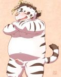  2020 anthro balls belly blue_eyes blush erection eyewear felid fur genitals glasses kemono licho_(tas) male mammal moobs nipples overweight overweight_male pantherine penis penta002 solo tiger tokyo_afterschool_summoners video_games white_body white_fur 