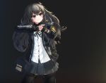  &gt;:( 1girl absurdres armband bangs black_background black_gloves black_hair black_jacket black_legwear black_ribbon brown_eyes closed_mouth commentary english_commentary eyebrows_visible_through_hair fingerless_gloves girls_frontline glint gloves grey_skirt gun hair_between_eyes handgun highres holding holding_gun holding_weapon jacket light_frown long_sleeves looking_away neck_ribbon open_clothes open_jacket pantyhose pistol pleated_skirt ribbon scar scar_across_eye shirt skirt solo stratosphere_(coom1017) ump45_(girls_frontline) v-shaped_eyebrows weapon weapon_request white_shirt 