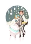  2girls alice_(wonderland) alice_(wonderland)_(cosplay) animal_ears apron blue_dress boots bow brown_hair cat_ears cat_tail closed_eyes cosplay dress fake_animal_ears fake_tail full_body hair_bow hairband high_heel_boots high_heels hoshizora_rin koizumi_hanayo laughing love_live! love_live!_school_idol_project mary_janes multiple_girls open_mouth orange_hair pako shoes short_hair smile striped striped_legwear tail thighhighs vertical-striped_legwear vertical_stripes 