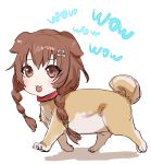  1girl :3 animal_ears animalization blush bow_(bhp) braid brown_eyes brown_hair catchphrase dog dog_ears hair_ornament hairclip hololive human_head inugami_korone long_hair looking_at_viewer smile solo twin_braids walking white_background 