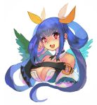  bangs blue_hair breasts cleavage cropped_torso dizzy_(guilty_gear) guilty_gear hair_ribbon hand_up highres long_hair looking_at_viewer open_mouth red_eyes ribbon sidelocks twintails upper_body white_background wings yellow_ribbon yohane_shimizu 