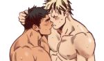  2boys abs aikawa_(dorohedoro) bara black_hair blonde_hair blush chest close-up completely_nude couple cropped dark_skin dark_skinned_male dorohedoro eye_contact facial_mark implied_sex looking_at_another male_focus multiple_boys muscle nipples nude risu_(dorohedoro) short_hair sideburns steel_peach upper_body yaoi 
