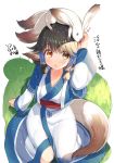  1girl ainu_clothes animal animal_ears animal_on_head aruruw black_hair brown_eyes dog_ears dog_tail eyebrows_visible_through_hair gachatara grass hair_tubes hanasaki_mahiru highres layered_sleeves on_head sash sitting solo tail utawareru_mono utawareru_mono:_itsuwari_no_kamen 