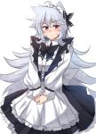  1boy androgynous apron black_bow black_dress blush bow bowtie closed_mouth collared_dress crossdressing dress eyebrows_visible_through_hair genshin_impact grey_hair hair_between_eyes hair_bow highres hinghoi long_hair long_sleeves looking_at_viewer maid maid_apron male_focus otoko_no_ko own_hands_together razor razor_(genshin_impact) red_eyes simple_background solo very_long_hair white_background 