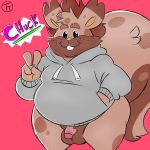  1:1 anthro balls brown_body brown_fur clothed clothing fan_character flaccid fur genitals greedent hi_res hoodie humanoid_genitalia humanoid_penis male mammal nintendo overweight overweight_male penis pok&eacute;mon pok&eacute;mon_(species) red_background rodent simple_background solo text topwear trashtoonz video_games 