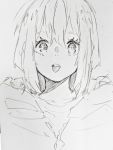  1girl eyebrows_visible_through_hair greyscale hair_between_eyes hatching_(texture) highres hood hood_down hoodie monochrome null_hamamo original photo_(medium) short_hair sketch solo teeth tongue tongue_out traditional_media upper_teeth zipper zipper_pull_tab 