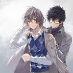  2boys adjusting_another&#039;s_clothes amamiya_ren artist_name black-framed_eyewear black_hair brown_eyes closed_eyes coat dressing dressing_another glasses highres long_sleeves male_focus multiple_boys obo parted_lips persona persona_5 plaid plaid_vest popped_collar short_hair simple_background sleeve_cuffs smile sweater_vest turtleneck undershirt vest white_background yaoi 