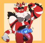  2020 anthro arm_hair armpit_hair balls bodily_fluids body_hair chest_hair circumcised facial_piercing fan_character fire flaccid flexing genitals hi_res humanoid_genitalia humanoid_penis incineroar kiba24 looking_at_viewer male muscular muscular_anthro muscular_male neck_tuft nintendo nipples nose_piercing nose_ring nude one_eye_closed open_mouth open_smile penis piercing pok&eacute;mon pok&eacute;mon_(species) simple_background smile solo standing sweat tuft video_games 