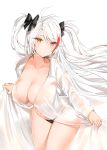  1girl absurdres alternate_costume azur_lane bangs black_panties breasts casual collarbone commentary cowboy_shot eyebrows_visible_through_hair highres large_breasts leaning_forward long_sleeves looking_at_viewer multicolored_hair navel panties prinz_eugen_(azur_lane) prinz_eugen_(cruiser) red_hair see-through silver_hair solo streaked_hair swept_bangs thighs two_side_up underwear white_background yellow_eyes yukineko1018 