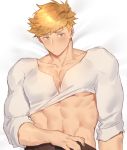  1boy abs bangs bara bed_sheet blonde_hair blush brown_pants chest cleavage_cutout clothing_cutout dakimakura granblue_fantasy green_eyes higashigunkan long_sleeves male_focus muscle open_pants pants shirt shirt_lift short_hair solo upper_body vane_(granblue_fantasy) white_shirt 