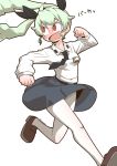  1girl anchovy_(girls_und_panzer) angry anzio_school_uniform bangs belt black_belt black_footwear black_neckwear black_ribbon black_skirt blush commentary dress_shirt drill_hair emblem frown girls_und_panzer green_hair hair_ribbon loafers long_hair long_sleeves looking_back miniskirt necktie open_mouth panties panties_under_pantyhose pantyhose pleated_skirt red_eyes ribbon running school_uniform shirt shoes simple_background skirt solo tearing_up translated twin_drills twintails twitter_username underwear v-shaped_eyebrows white_background white_legwear white_shirt wing_collar zannen_na_hito 