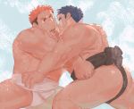  2boys abs ass bara bare_chest blue_hair bulge chest dyzd1 face-to-face facial_hair hand_on_another&#039;s_shoulder highres loincloth male_focus multiple_boys muscle navel navel_hair nipples orange_eyes orange_hair original plump short_hair sideburns spread_legs stubble sumo thick_thighs thighs undercut wrestling 