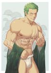  1boy abs bara bare_chest black_eyes blush bulge chest chest_scar cowboy_shot fundoshi green_hair green_kimono highres japanese_clothes kimono male_focus muscle navel nipples one_piece open_clothes open_kimono roronoa_zoro sample scar short_hair sideburns solo thick_thighs thighs undressing white_male_underwear zhuganchangjiadan 