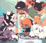  3boys bangs baseball_cap black_hair black_hoodie blue_eyes cape champion_uniform chibi closed_mouth commentary dark_skin dark_skinned_male dragapult duraludon eyeshadow facial_hair fur_trim galarian_form galarian_zigzagoon gen_3_pokemon gen_8_pokemon green_eyes gym_leader half-closed_eyes hat hood hoodie jacket leon_(pokemon) long_hair looking_down makeup male_focus mikripkm multicolored_hair multiple_boys obstagoon piers_(pokemon) pokemon pokemon_(creature) pokemon_(game) pokemon_swsh purple_hair raihan_(pokemon) shirt shoes sitting smile trapinch two-tone_hair white_jacket 