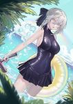  1girl artoria_pendragon_(all) bare_arms bare_shoulders black_swimsuit bow breasts covered_navel day dress_swimsuit dutch_angle echj excalibur_morgan fate/grand_order fate_(series) hair_between_eyes hair_bow highres holding holding_sword holding_weapon looking_at_viewer medium_breasts ocean open_mouth outdoors rainbow saber_alter shiny shiny_clothes short_hair sideboob silver_hair solo standing swimsuit sword wading water weapon yellow_eyes 