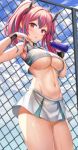  1girl absurdres armpits arms_up azur_lane bare_shoulders blurry blush bottle breasts bremerton_(azur_lane) bremerton_(scorching-hot_training)_(azur_lane) chain-link_fence cowboy_shot crop_top crop_top_overhang depth_of_field fence groin hair_ornament highres holding kitin large_breasts long_hair looking_at_viewer midriff miniskirt multicolored_hair navel no_bra parted_lips pink_eyes pink_hair pleated_skirt shirt skirt sleeveless sleeveless_shirt solo standing stomach streaked_hair sweat sweatband thighs twintails underboob v-shaped_eyebrows white_shirt white_skirt 