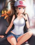  1girl baseball_cap blue_eyes blue_shorts breasts brown_hair closed_mouth collarbone denim denim_shorts gen_5_pokemon gigamessy hat hilda_(pokemon) long_hair looking_at_viewer medium_breasts poke_ball poke_ball_print pokemon pokemon_(creature) pokemon_(game) pokemon_bw print_headwear shirt short_shorts shorts sitting sleeveless sleeveless_shirt smile solo starter_pokemon tepig tongue tongue_out very_long_hair watermark white_headwear white_shirt wristband 