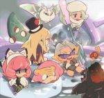  2boys 2girls asymmetrical_legwear avery_(pokemon) black-framed_eyewear black_headwear blonde_hair boots brown_jacket chibi coalossal commentary fork frosmoth fur_jacket galarian_form galarian_slowpoke gen_2_pokemon gen_8_pokemon glasses gordie_(pokemon) gym_leader hat holding holding_fork jacket klara_(pokemon) long_hair melony_(pokemon) mikripkm mini_hat multicolored_hair multiple_boys multiple_girls pink_hair pink_lips poke_ball poke_ball_(basic) pokemon pokemon_(creature) pokemon_(game) pokemon_swsh purple_eyeshadow scarf shoes shorts shuckle sitting sunglasses sweater thighhighs two-tone_hair white_footwear white_headwear white_jacket white_scarf white_sweater 