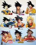  1boy :d a2t_will_draw araki_hirohiko_(style) black_eyes black_hair bleach blonde_hair blue_eyes boku_no_hero_academia bracelet bruise bruised_eye closed_mouth collarbone copyright_name dougi dragon_ball dragon_ball_(object) dragon_ball_z english_commentary gotouge_koyoharu_(style) grin headband highres holding holding_sword holding_weapon horikoshi_kouhei_(style) injury isayama_hajime_(style) jewelry jojo_no_kimyou_na_bouken katana kimetsu_no_yaiba kishimoto_masashi_(style) kubo_taito_(style) lips looking_at_viewer male_focus multiple_style_parody multiple_views naruto naruto_(series) oda_eiichirou_(style) one_eye_closed one_piece open_mouth parody shingeki_no_kyojin smile son_goku spiked_hair style_parody sword titan_(shingeki_no_kyojin) toriyama_akira_(style) upper_body weapon 