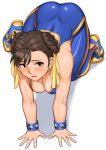  1girl all_fours ass blue_bodysuit bodysuit breasts brown_eyes brown_hair chun-li cleavage double_bun downblouse earrings fingernails full_body highres jewelry large_breasts looking_at_viewer official_alternate_costume ribbon shigenobu shoes skin_tight sleeveless sneakers solo stirrup_legwear street_fighter street_fighter_zero_(series) stud_earrings studded_bracelet sweatdrop toeless_legwear yellow_footwear yellow_ribbon 