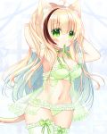  1girl ahoge animal_ear_fluff animal_ears babydoll bangs between_breasts blonde_hair blush breasts brown_hair cat_ears cat_girl cat_tail cleavage closed_mouth commentary_request curtains eyebrows_visible_through_hair frilled_legwear frilled_panties frills green_eyes green_legwear green_panties green_ribbon hair_between_eyes long_hair medium_breasts mouth_hold multicolored_hair navel original panties ribbon ribbon_in_mouth shikito solo streaked_hair tail thighhighs transparent underwear underwear_only very_long_hair window 