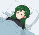  1girl asymmetrical_bangs bangs black_sweater blanket blush breasts closed_eyes fire_emblem fire_emblem:_the_blazing_blade green_hair highres large_breasts long_hair lying on_back ormille pillow ponytail ribbed_sweater sleeping smile sweater turtleneck turtleneck_sweater 