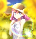  1girl 2020 bangs blue_eyes blue_ribbon blurry_foreground collarbone dated day dress eyebrows_visible_through_hair floating_hair flower hat hat_flower hat_ribbon hiiragi_yuzu looking_at_viewer multicolored_hair neck_ribbon open_mouth outdoors pink_hair ribbon silver_hair sleeveless sleeveless_dress solo standing straw_hat summer sun_hat sundress twitter_username two-tone_hair upper_body white_dress yellow_flower yellow_headwear yellow_ribbon yu-gi-oh! yu-gi-oh!_arc-v yun_yu 