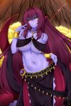  1girl black_sclera blue_skin breasts commission english_commentary eyebrows_visible_through_hair fate/grand_order fate_(series) gold grin hair_between_eyes jewelry lamia lindaroze long_hair looking_at_viewer monster_girl monsterification navel necklace pelvic_curtain pointy_ears red_hair scales scathach_(fate)_(all) scathach_(fate/grand_order) sidelocks smile solo tail underboob unmoving_pattern very_long_hair weapon yellow_eyes 