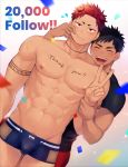  2boys animal_ears arm_tattoo bara black_hair blue_male_underwear blush body_writing boxer_briefs cheek_pinching crossed_arms dog_boy dog_ears dog_tail earrings followers haozz head_on_another&#039;s_shoulder highres jewelry kurokawa_keita_(haozz) male_focus multicolored_hair multiple_boys muscle original pinching red_hair reo_(haozz) see-through short_hair tail tattoo thick_thighs thighs two-tone_hair undercut v 