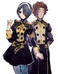  1boy 1girl azama_(fire_emblem) blue_eyes blue_hair brown_hair closed_eyes closed_mouth fire_emblem fire_emblem:_three_houses fire_emblem_fates fire_emblem_heroes garreg_mach_monastery_uniform hair_over_one_eye hairband looking_to_the_side setsuna_(fire_emblem) shourou_kanna upper_body white_background 