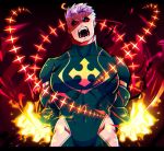  1boy alternate_eye_color alternate_hair_color bara black_bodysuit black_sclera bodysuit bulge chest clothing_cutout covered_abs covered_navel facial_hair fighting_stance fire glowing glowing_eyes halo highres lisuchi male_focus muscle red_eyes short_hair solo stubble thigh_cutout thighs tokyo_houkago_summoners upper_body white_hair zabaniya_(tokyo_houkago_summoners) 