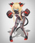  1girl absurdres animal_ears blonde_hair blue_eyes bodysuit braid breasts cat_ears cat_tail commentary_request eyebrows_visible_through_hair full_body grey_background highres impossible_bodysuit impossible_clothes looking_at_viewer mecha_musume ninja_mask original oversized_forearms oversized_limbs shadow shiny shiny_clothes small_breasts solo tail yumikoyama49 